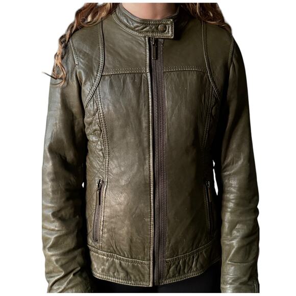 Michael Kors Green Leather Biker Moto Jacket quilted pattern size Small - Picture 8 of 16